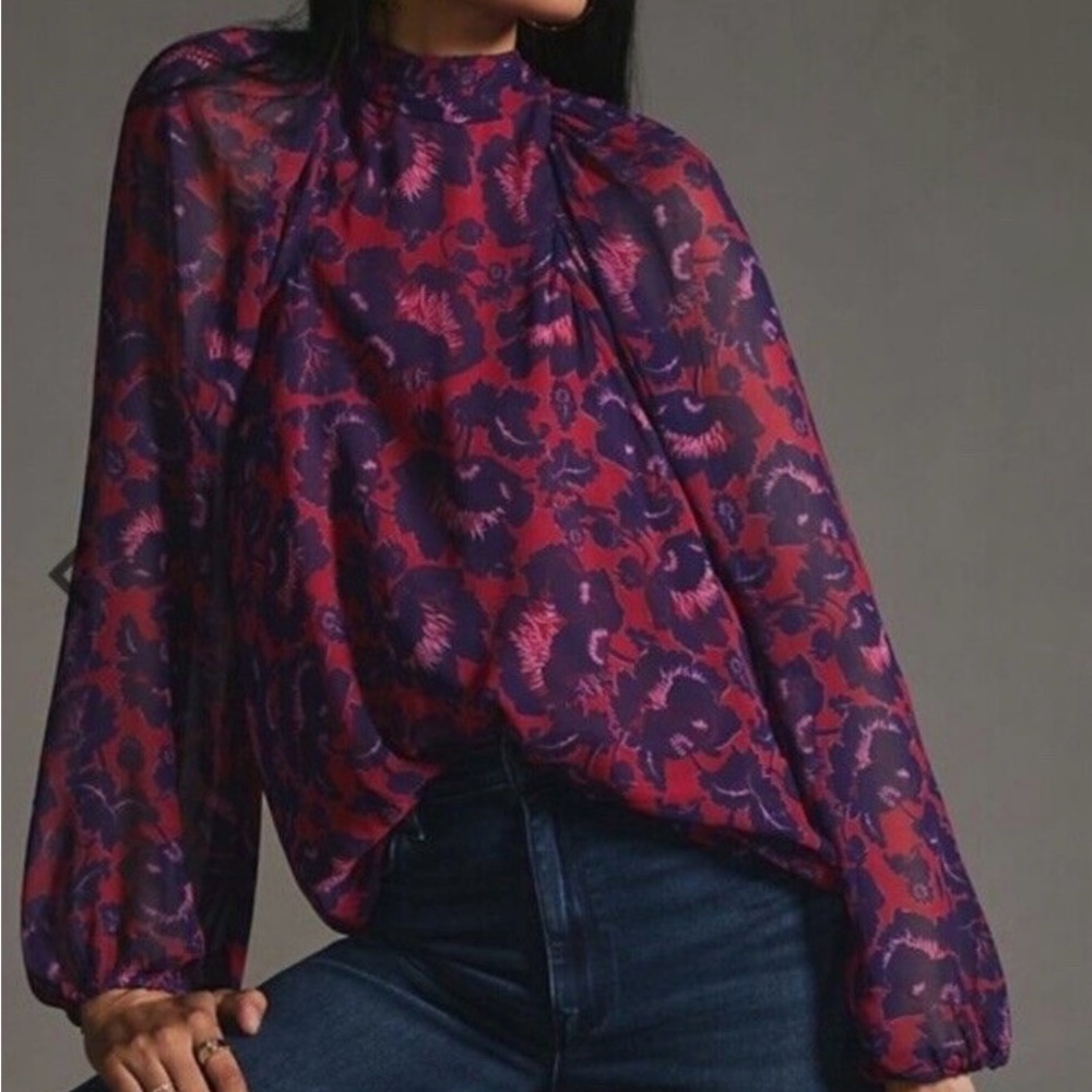Maeve by Anthropology Tie Neck Cut Out Back Blouse, size XS